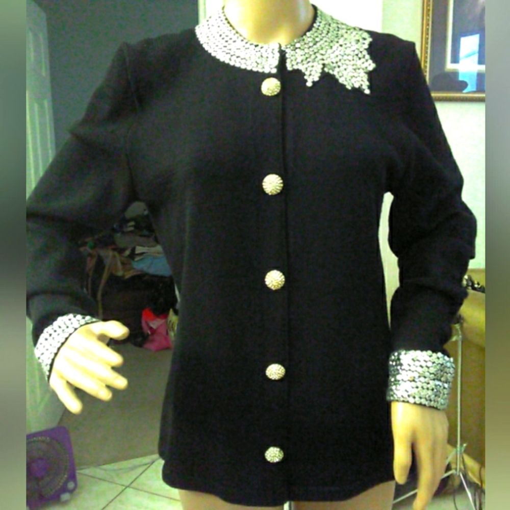 VINTAGE JENNIFER ROBERTS EXQUISTE KNIT Black Jacket W/ Silver Accents SZ. 8